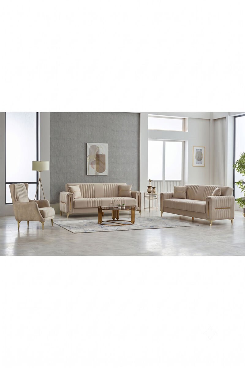 Moreno Sofa-Set 3+3+1 mit Bettfunktion und Stauraum Beige