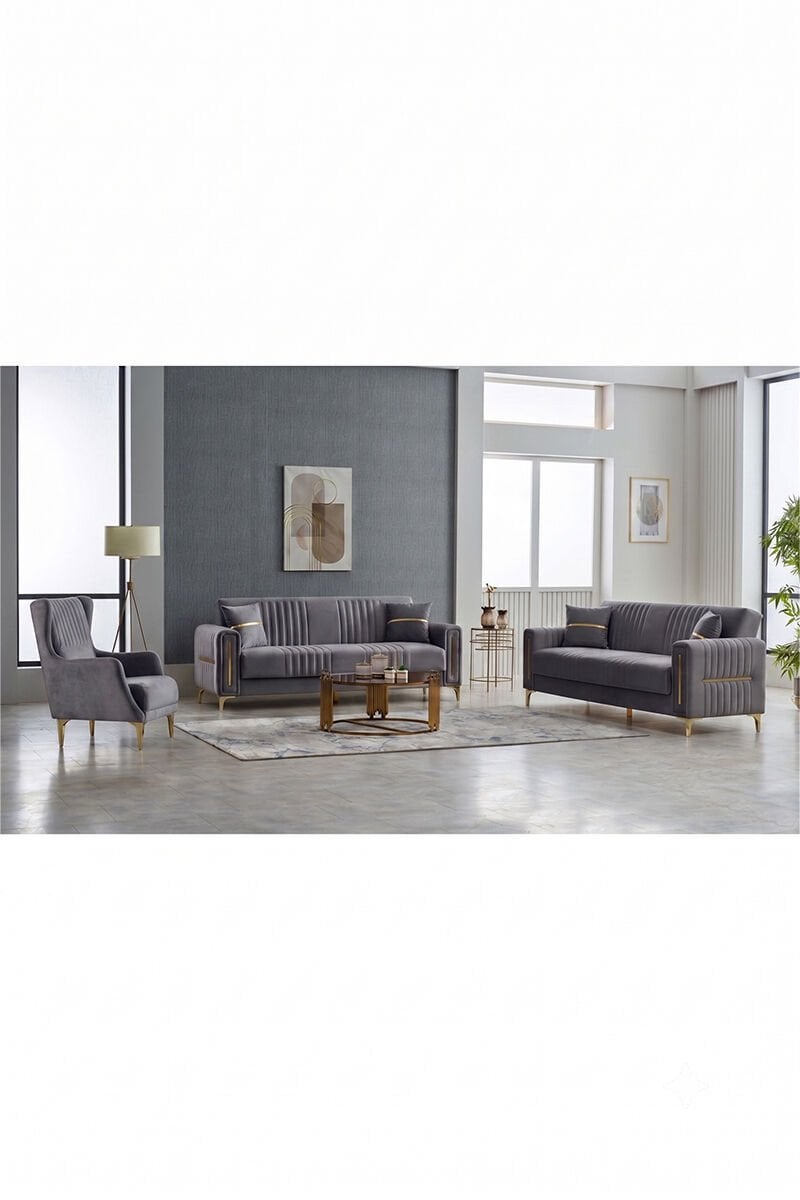 Moreno Sofa-Set 3+3+1 mit Bettfunktion und Stauraum Grau